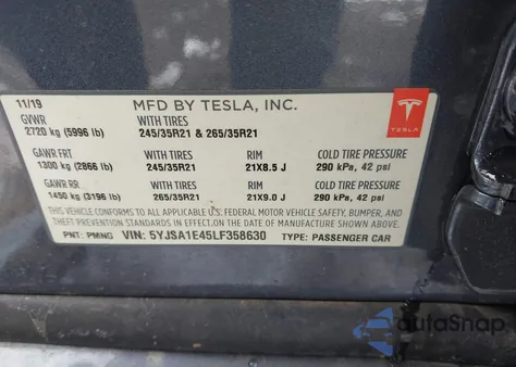 2020 Tesla Model S Performance Dual Motor All-Wheel Drive from USA, damaged, VIN 5YJSA1E45LF358630